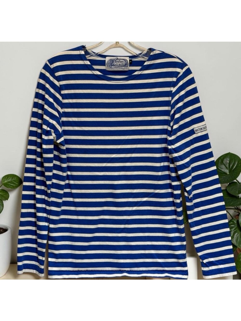 Breton Shirt Co Women Cotton Top Small  White Blue Striped Nautical Preppy